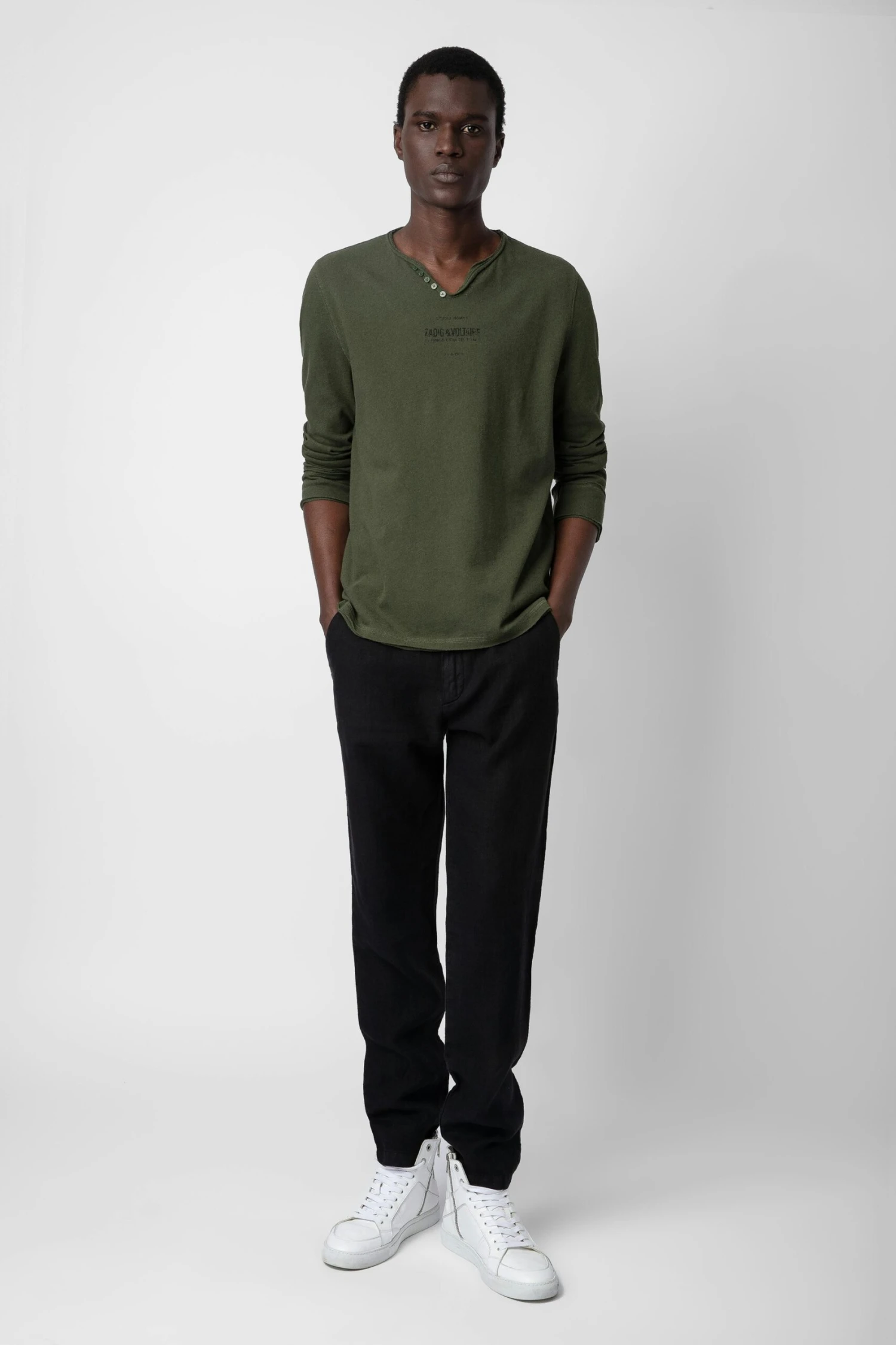 Zadig & Voltaire Monastir Henley T-shirt Used Kaki 2 Zadig & Voltaire Monastir Henley T-shirt Used Kaki - Image 2