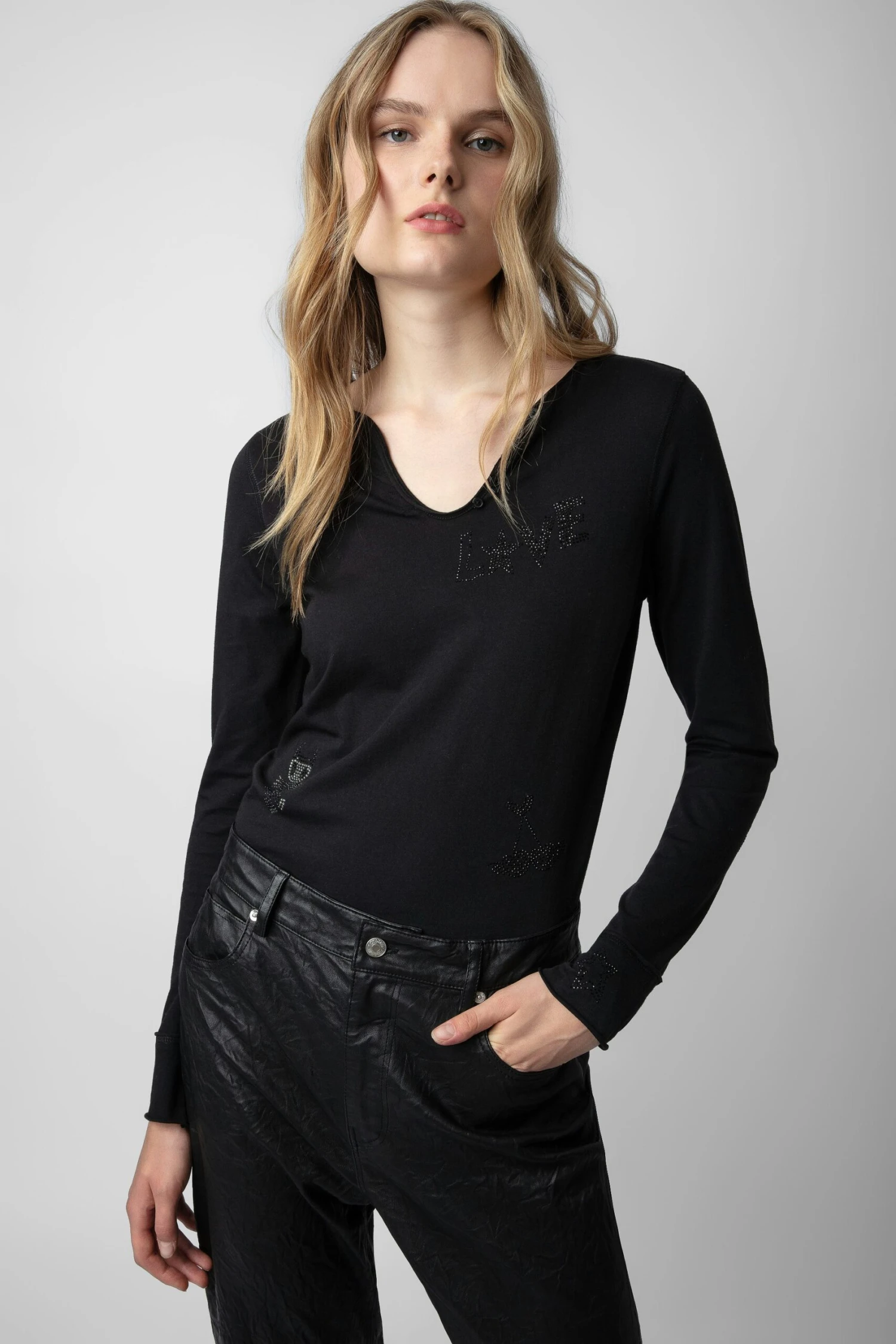 Zadig & Voltaire Diamanté Henley Top Black 1 Zadig & Voltaire Diamanté Henley Top Black