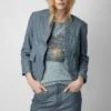 Zadig & Voltaire Verys Crinkled Leather Blazer Light Blue