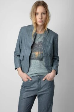Zadig & Voltaire Verys Crinkled Leather Blazer Light Blue