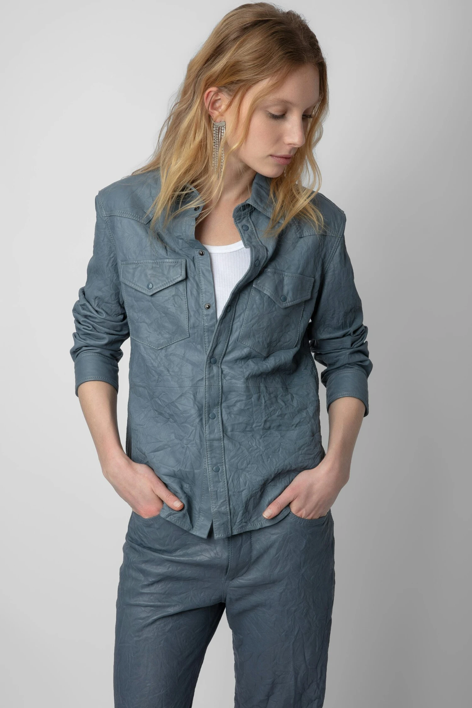 Zadig & Voltaire Thelma Crinkled Leather Shirt Light Blue 1 Zadig & Voltaire Thelma Crinkled Leather Shirt Light Blue