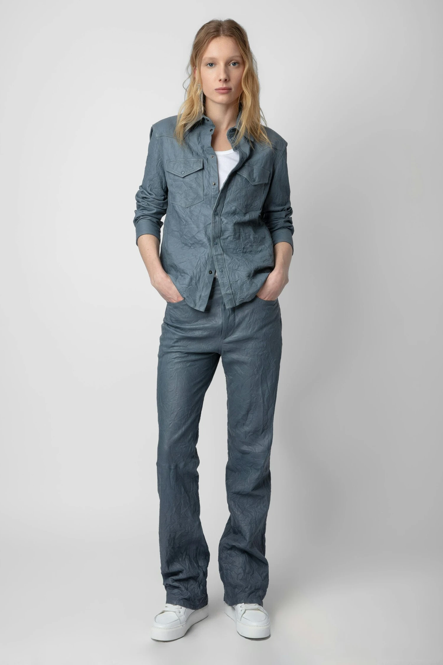 Zadig & Voltaire Thelma Crinkled Leather Shirt Light Blue 2 Zadig & Voltaire Thelma Crinkled Leather Shirt Light Blue - Image 2